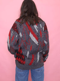 Vintage Charcoal Red Abstract Knit Jumper
