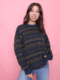 Vintage Navy & Mustard Pattern Knit Jumper
