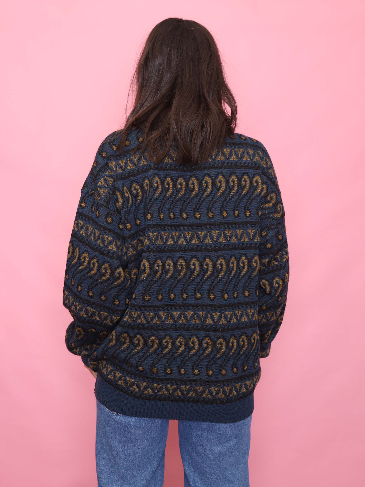 Vintage Navy & Mustard Pattern Knit Jumper