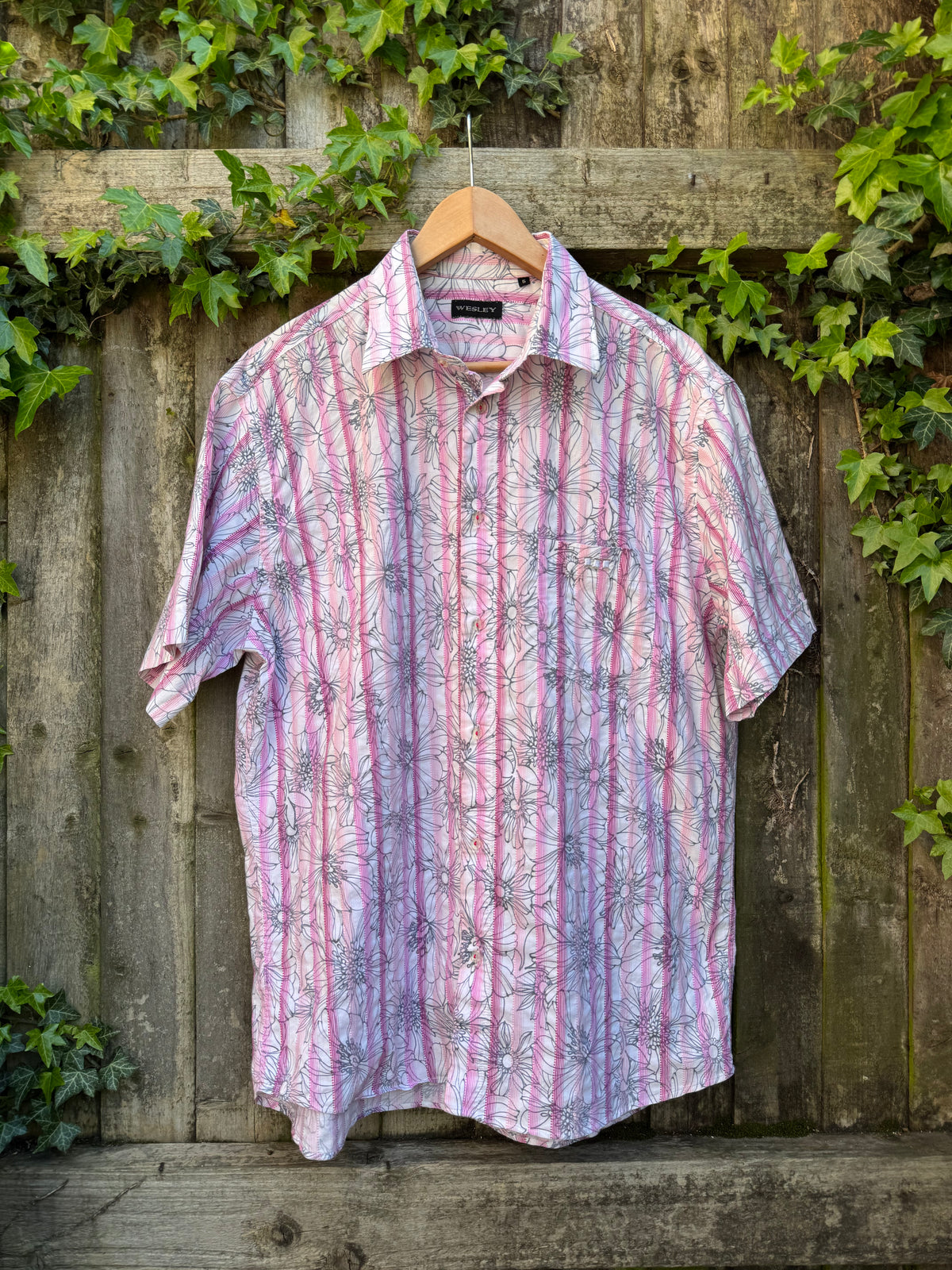 Vintage Pastel Floral Stripe Shirt | Pink Purple Abstract Short Sleeve