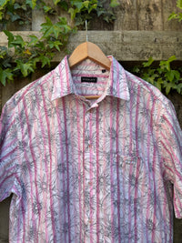 Vintage Pastel Floral Stripe Shirt | Pink Purple Abstract Short Sleeve