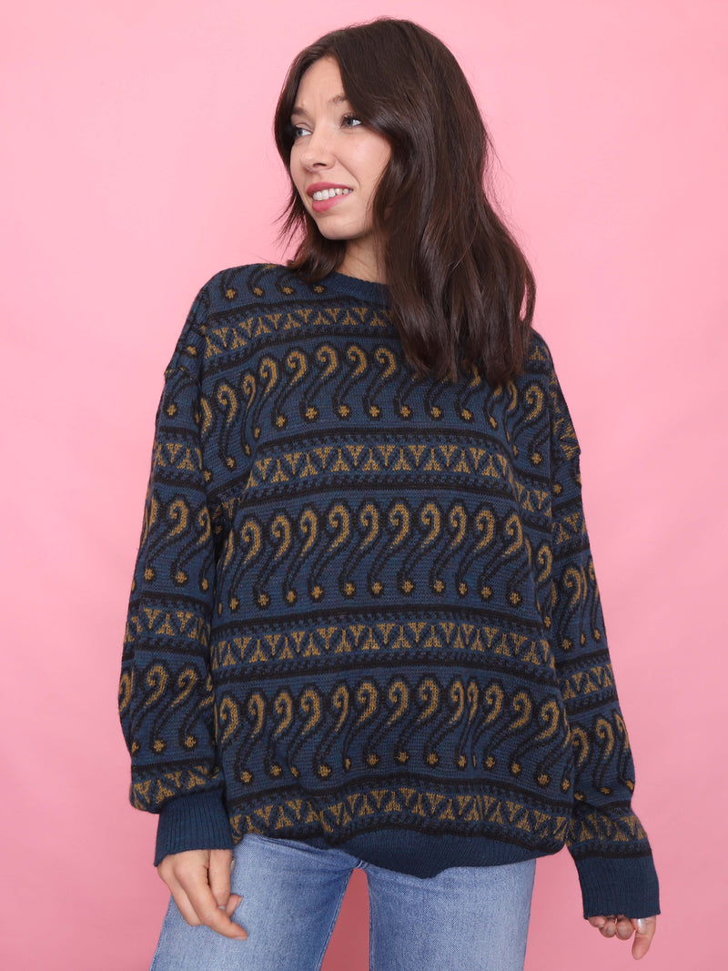 Vintage Navy & Mustard Pattern Knit Jumper