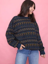 Vintage Navy & Mustard Pattern Knit Jumper