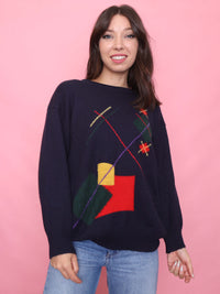 Vintage Navy Knit Jumper with Bold Retro Geometric Pattern