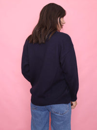 Vintage Navy Knit Jumper with Bold Retro Geometric Pattern