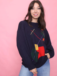 Vintage Navy Knit Jumper with Bold Retro Geometric Pattern