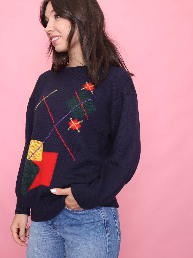 Vintage Navy Knit Jumper with Bold Retro Geometric Pattern