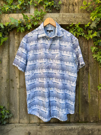 Vintage Floral Stripe Print Shirt | Blue & White Pattern Short Sleeve