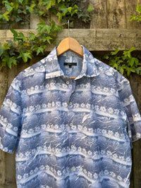 Vintage Floral Stripe Print Shirt | Blue & White Pattern Short Sleeve