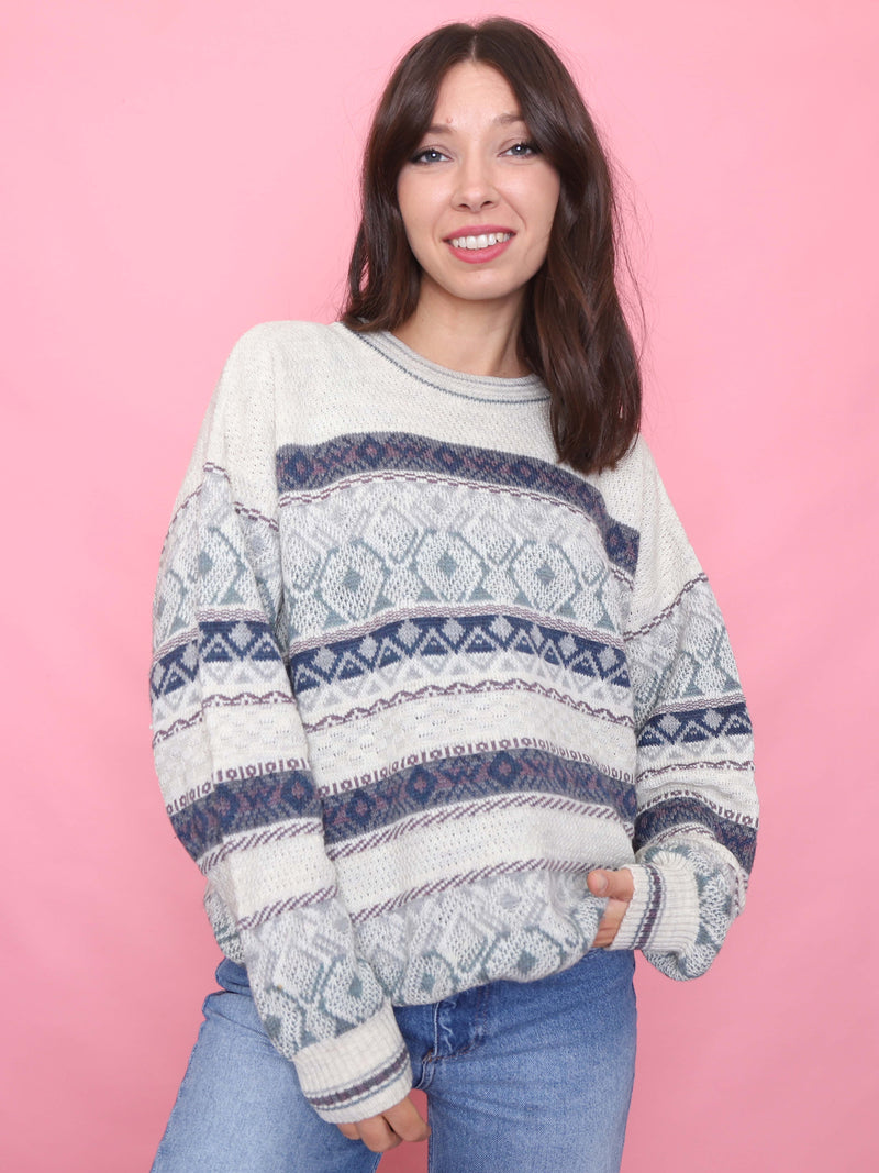 Vintage Cream & Blue Pattern Knit Jumper