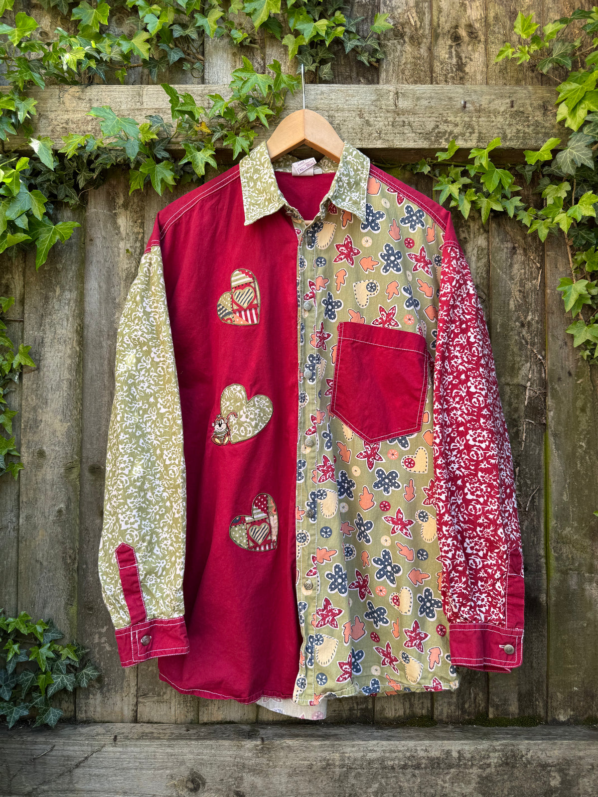 Vintage Patchwork Heart Shirt | Red Abstract Long Sleeve 90s Statement Shirt