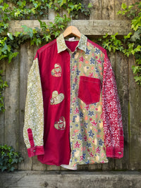 Vintage Patchwork Heart Shirt | Red Abstract Long Sleeve 90s Statement Shirt