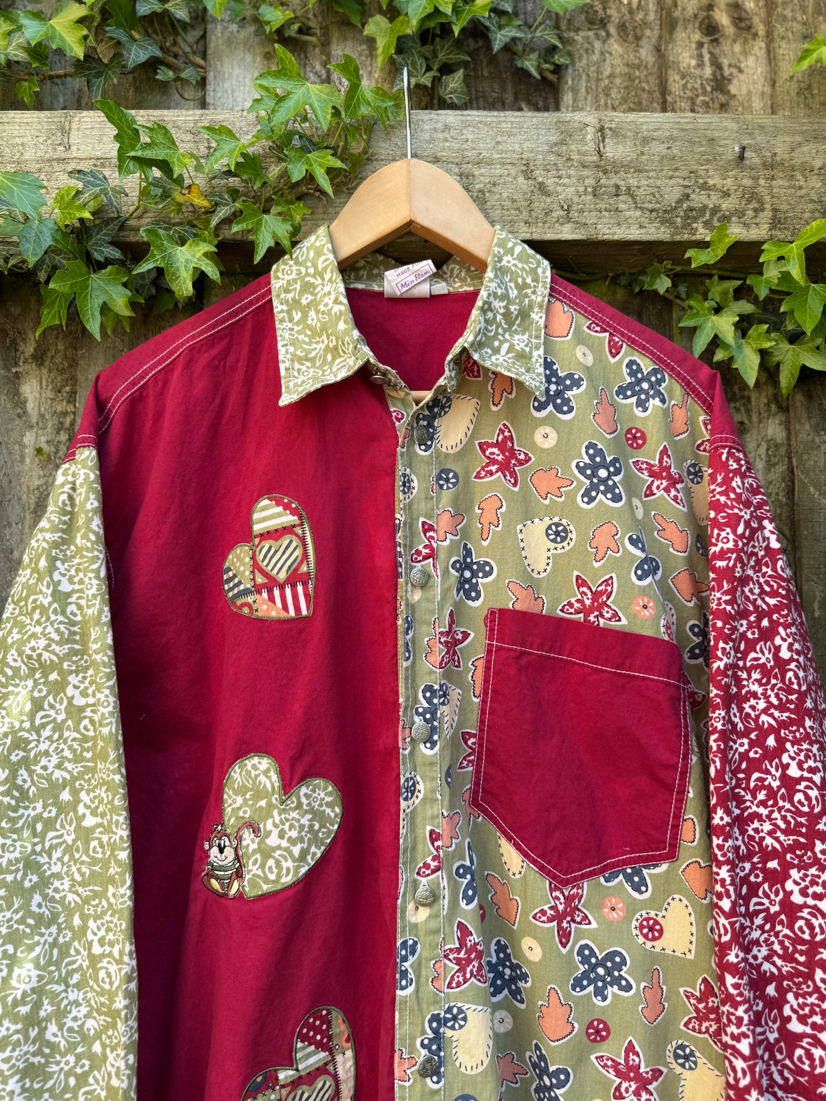 Vintage Patchwork Heart Shirt | Red Abstract Long Sleeve 90s Statement Shirt