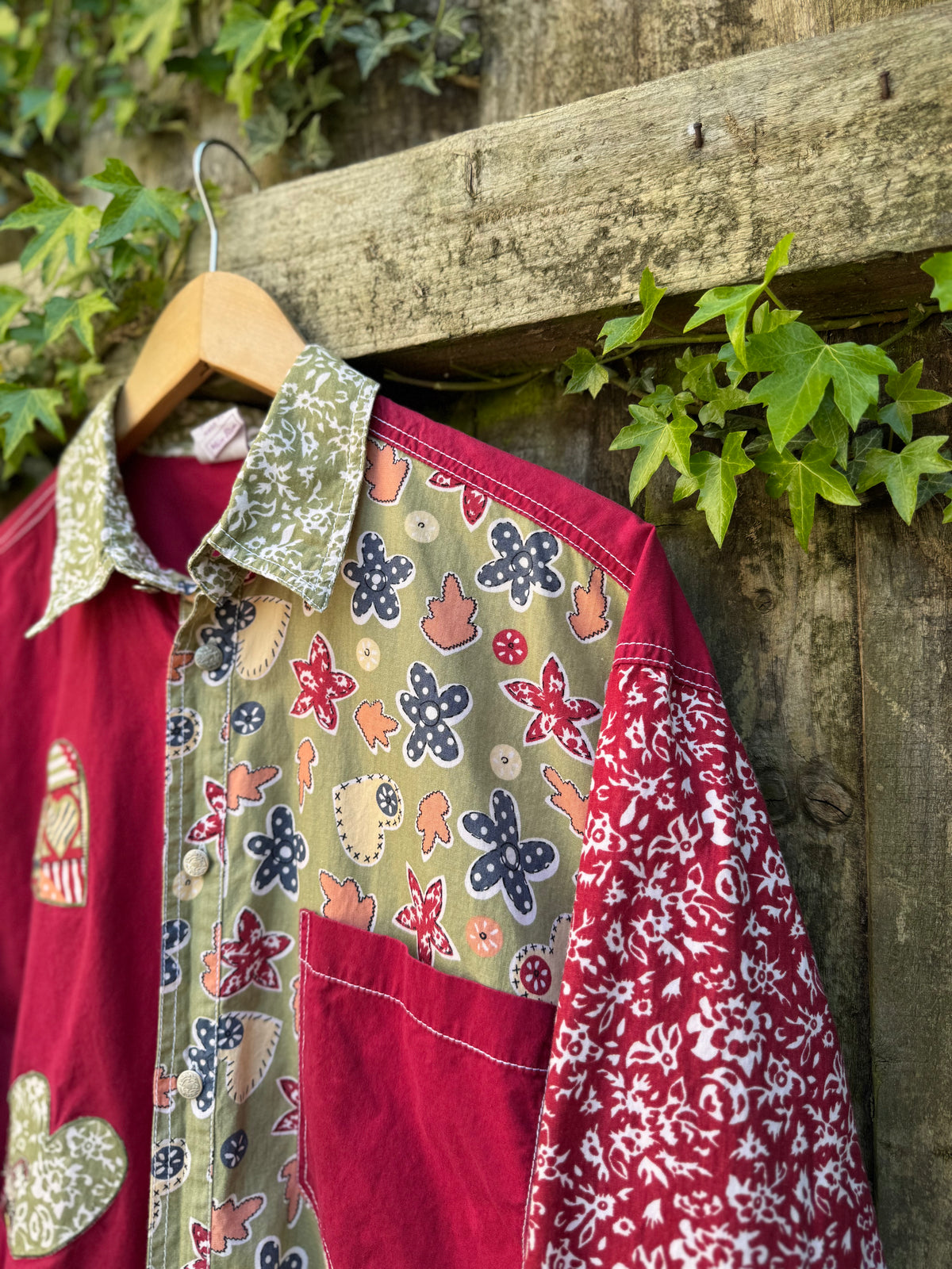 Vintage Patchwork Heart Shirt | Red Abstract Long Sleeve 90s Statement Shirt