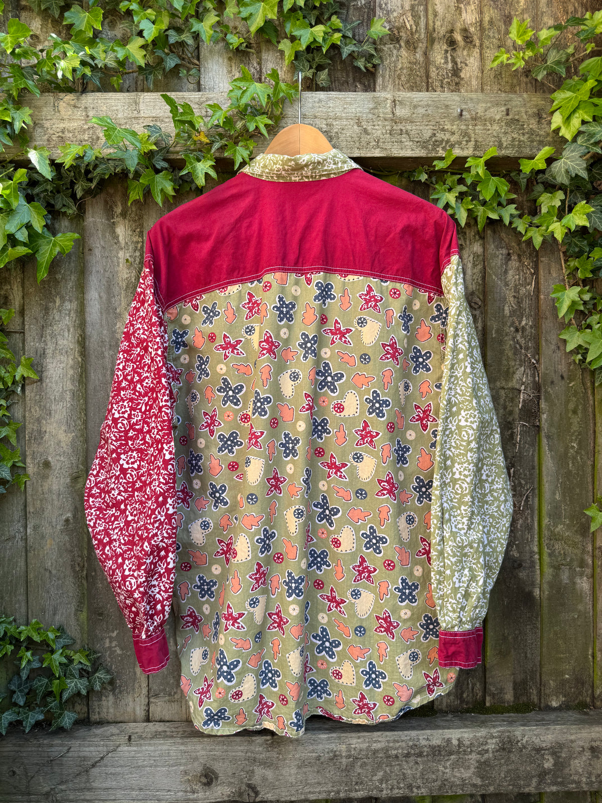 Vintage Patchwork Heart Shirt | Red Abstract Long Sleeve 90s Statement Shirt
