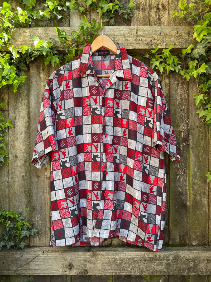 Vintage Red Geometric Print Shirt | Abstract Check Short Sleeve
