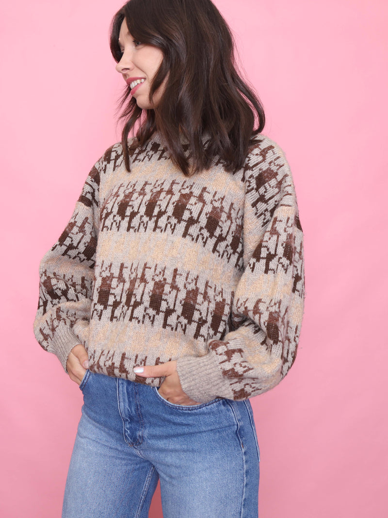 Vintage Soft Beige & Brown Pattern Knit Jumper