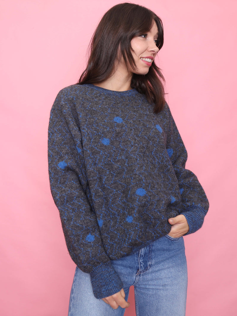Vintage Blue & Grey Pattern Knit Jumper