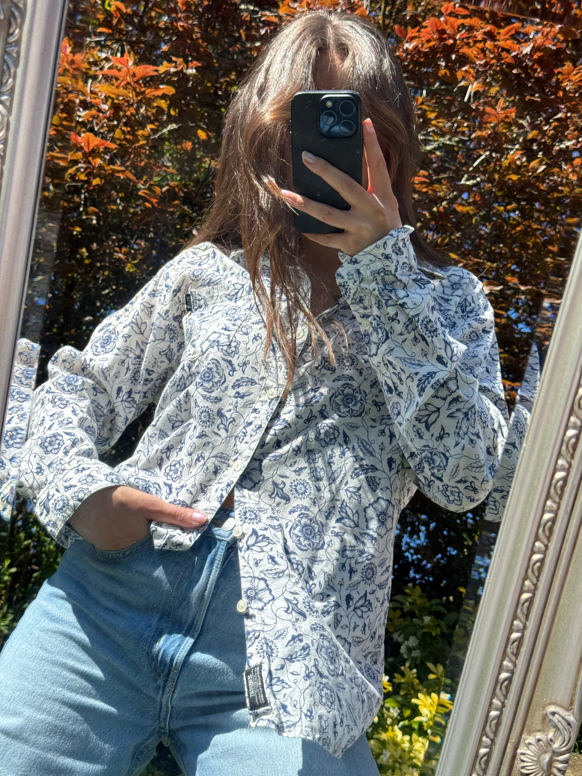 Vintage Blue & White Floral Shirt | Botanical Long Sleeve