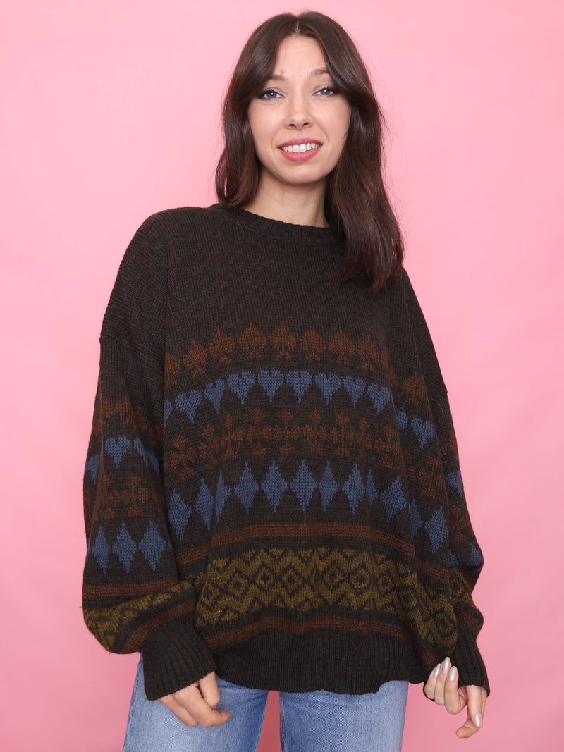 Vintage Brown Patterned Knit Jumper
