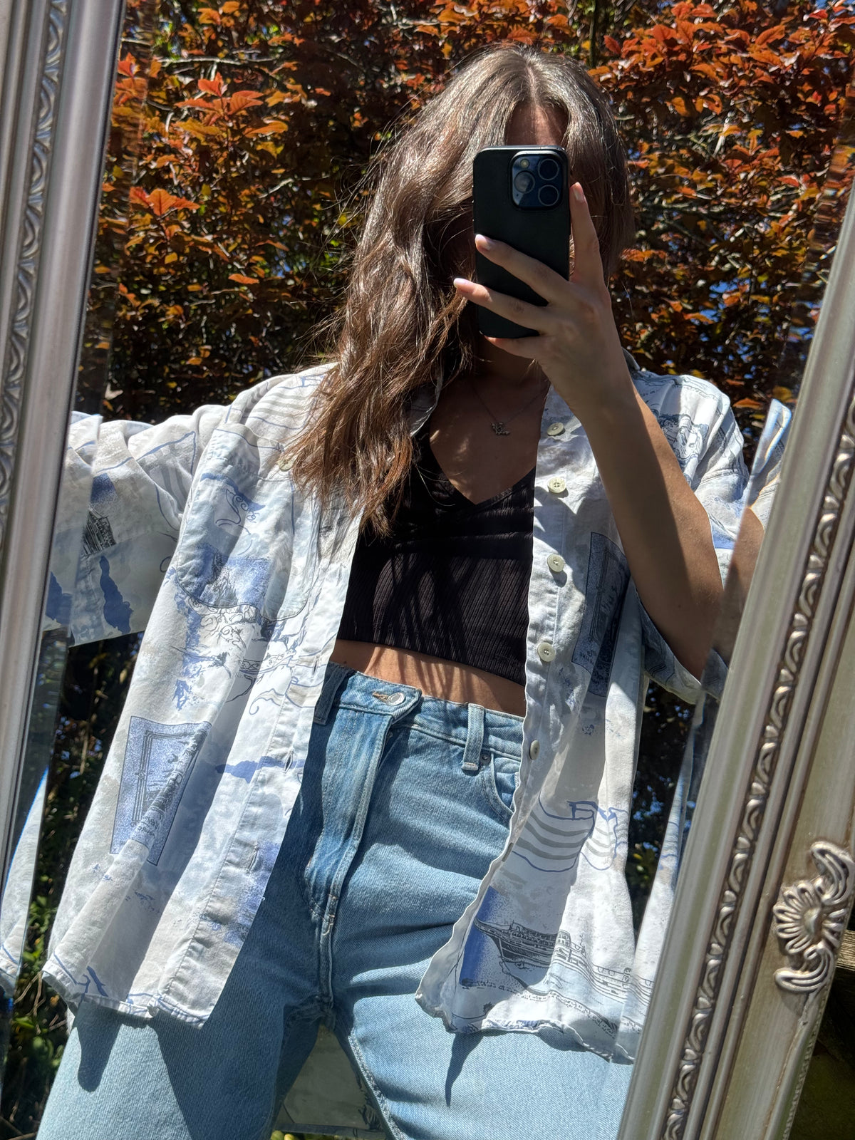 Vintage Abstract Sketch Print Shirt | Washed Blue Graphic Short Sleeve