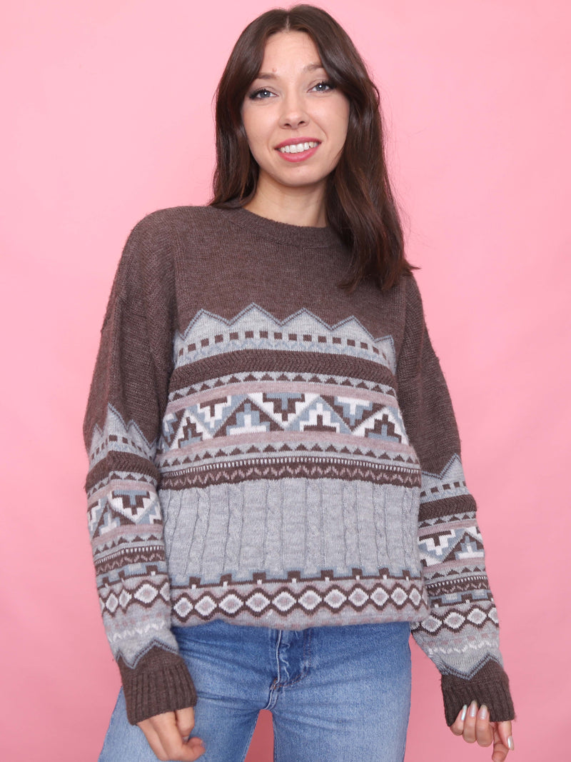 Vintage Brown & Grey Pattern Knit Jumper