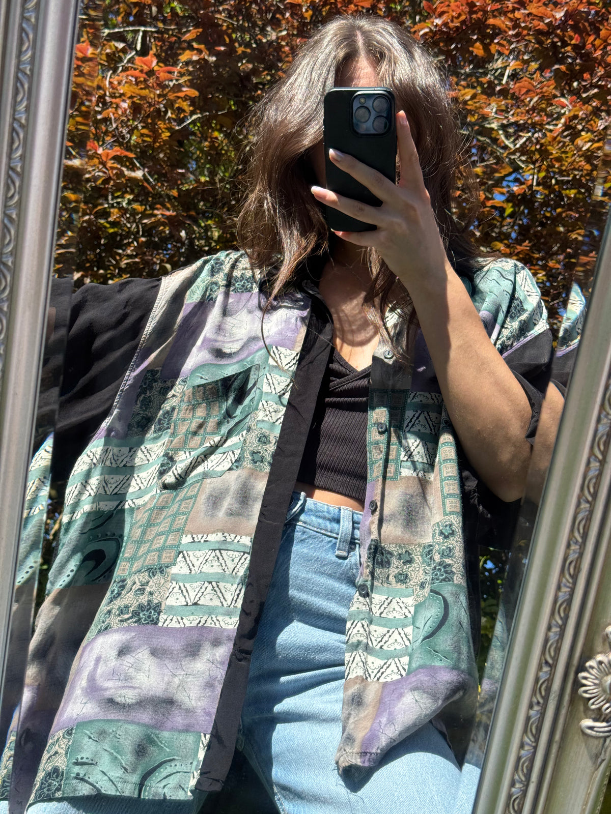 Vintage Abstract Print Shirt | Patchwork Pattern Short Sleeve