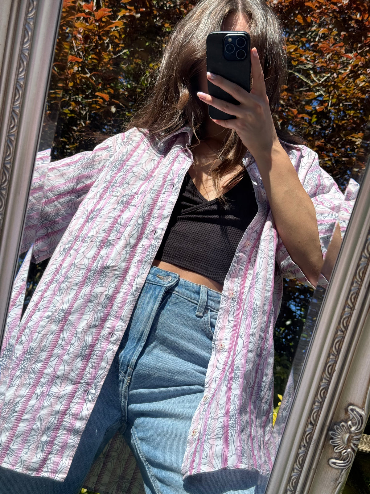 Vintage Pastel Floral Stripe Shirt | Pink Purple Abstract Short Sleeve
