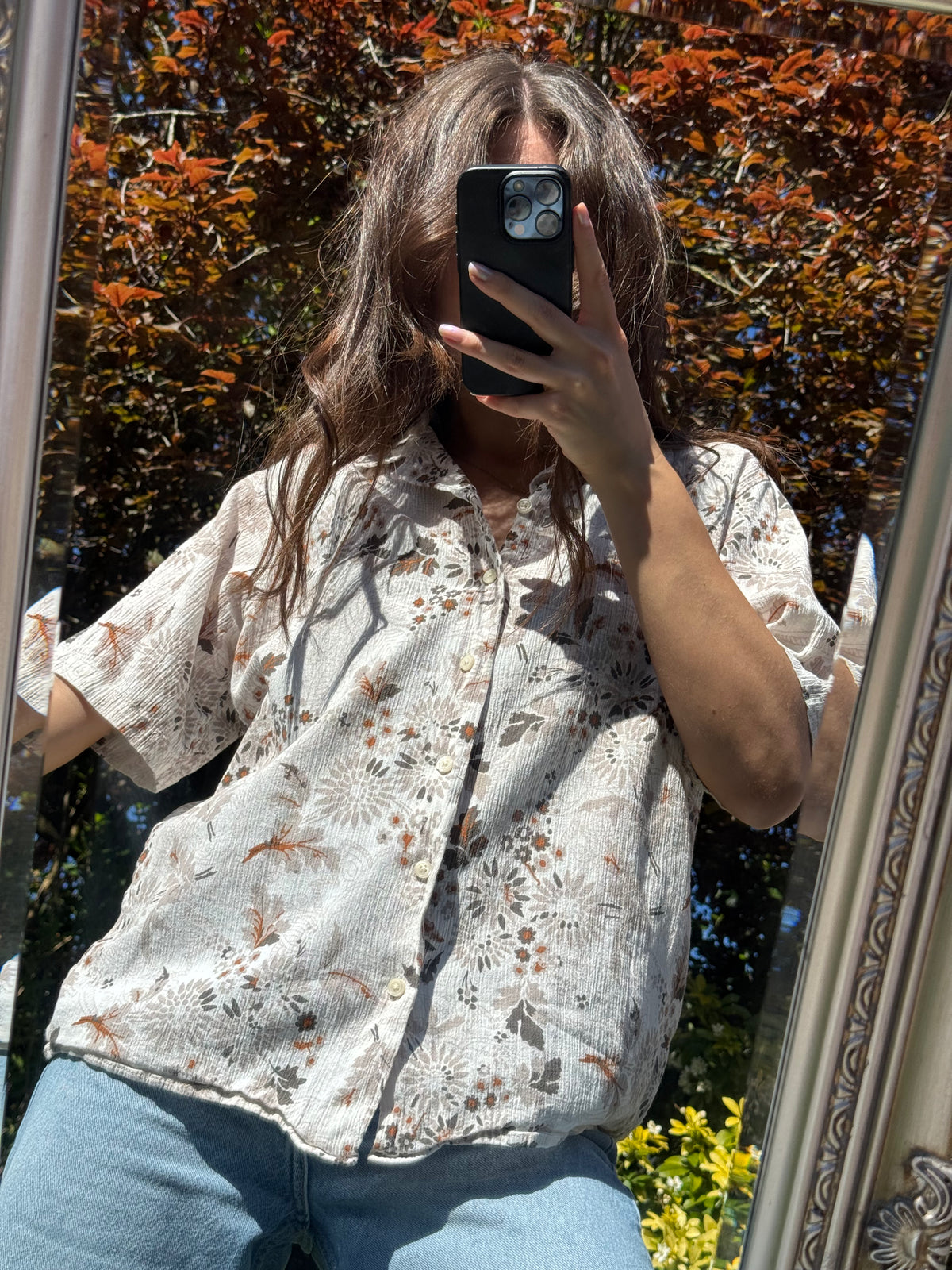 Vintage Neutral Floral Print Shirt | Beige Botanical Summer Short Sleeve