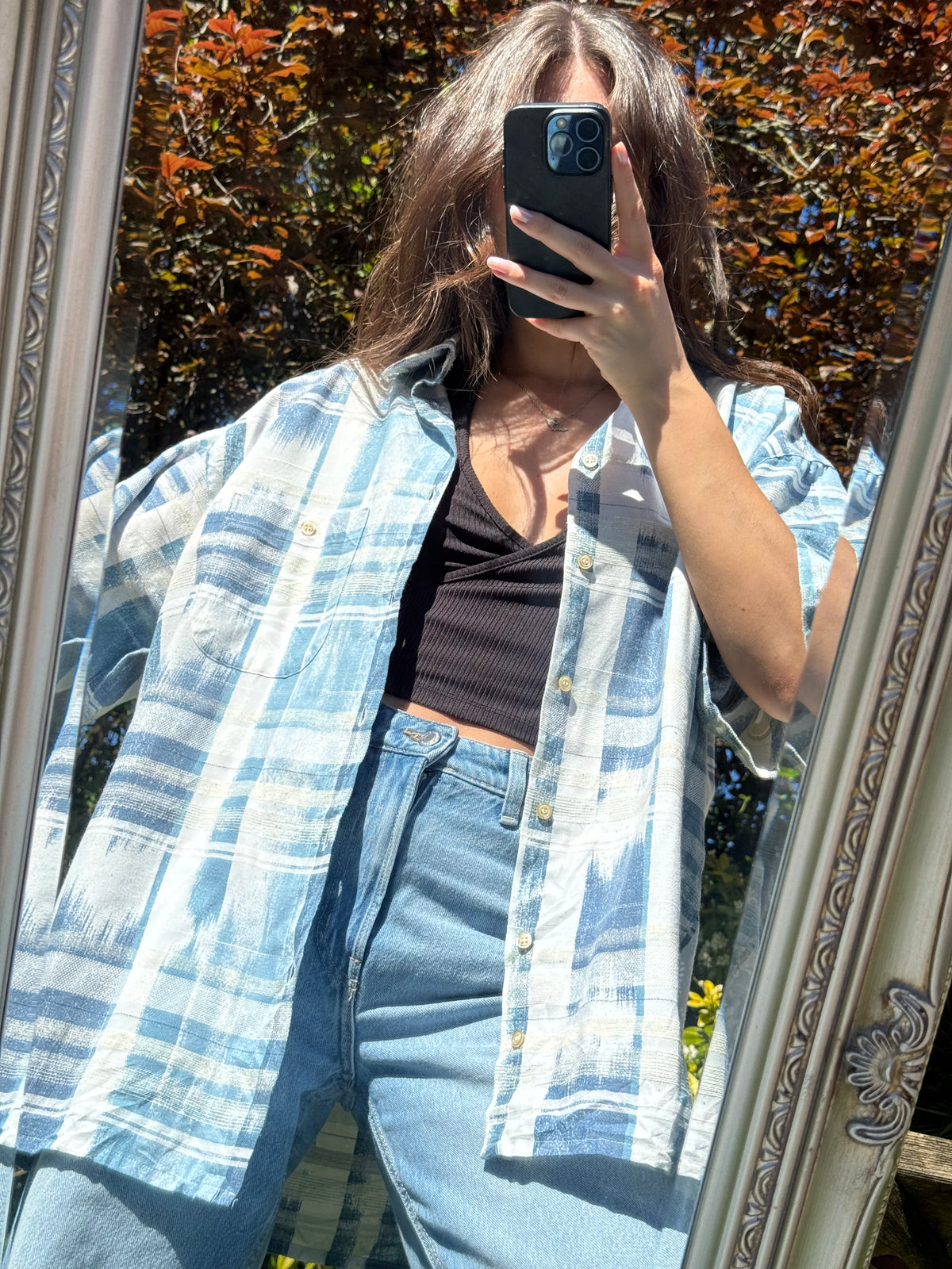 Vintage Check Print Shirt | Checked Pattern Short Sleeve Blue