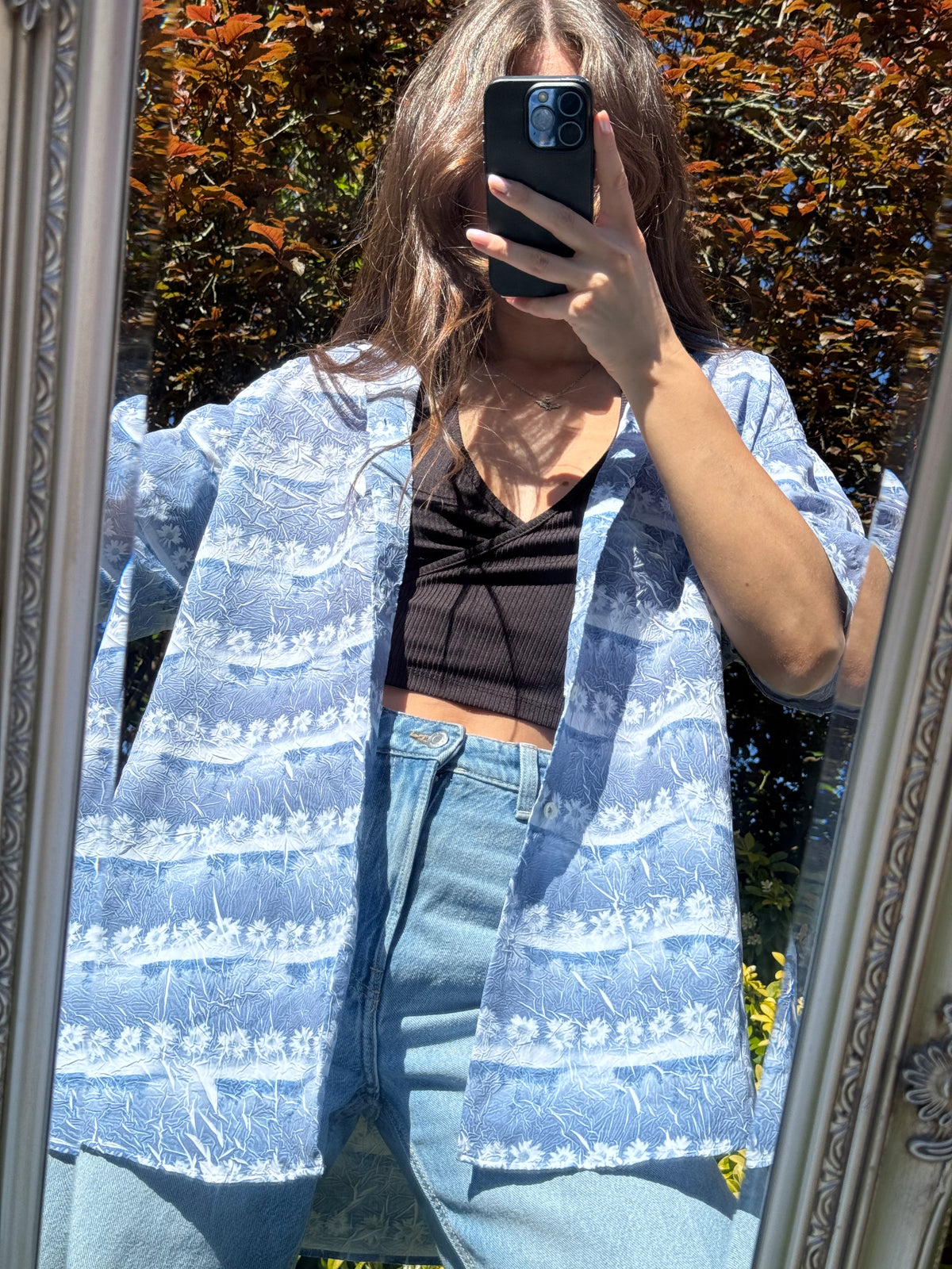 Vintage Floral Stripe Print Shirt | Blue & White Pattern Short Sleeve