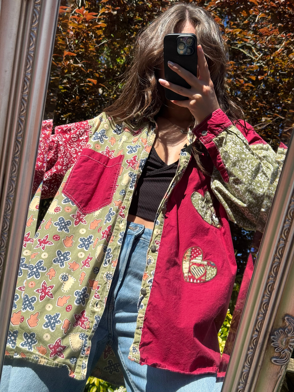 Vintage Patchwork Heart Shirt | Red Abstract Long Sleeve 90s Statement Shirt