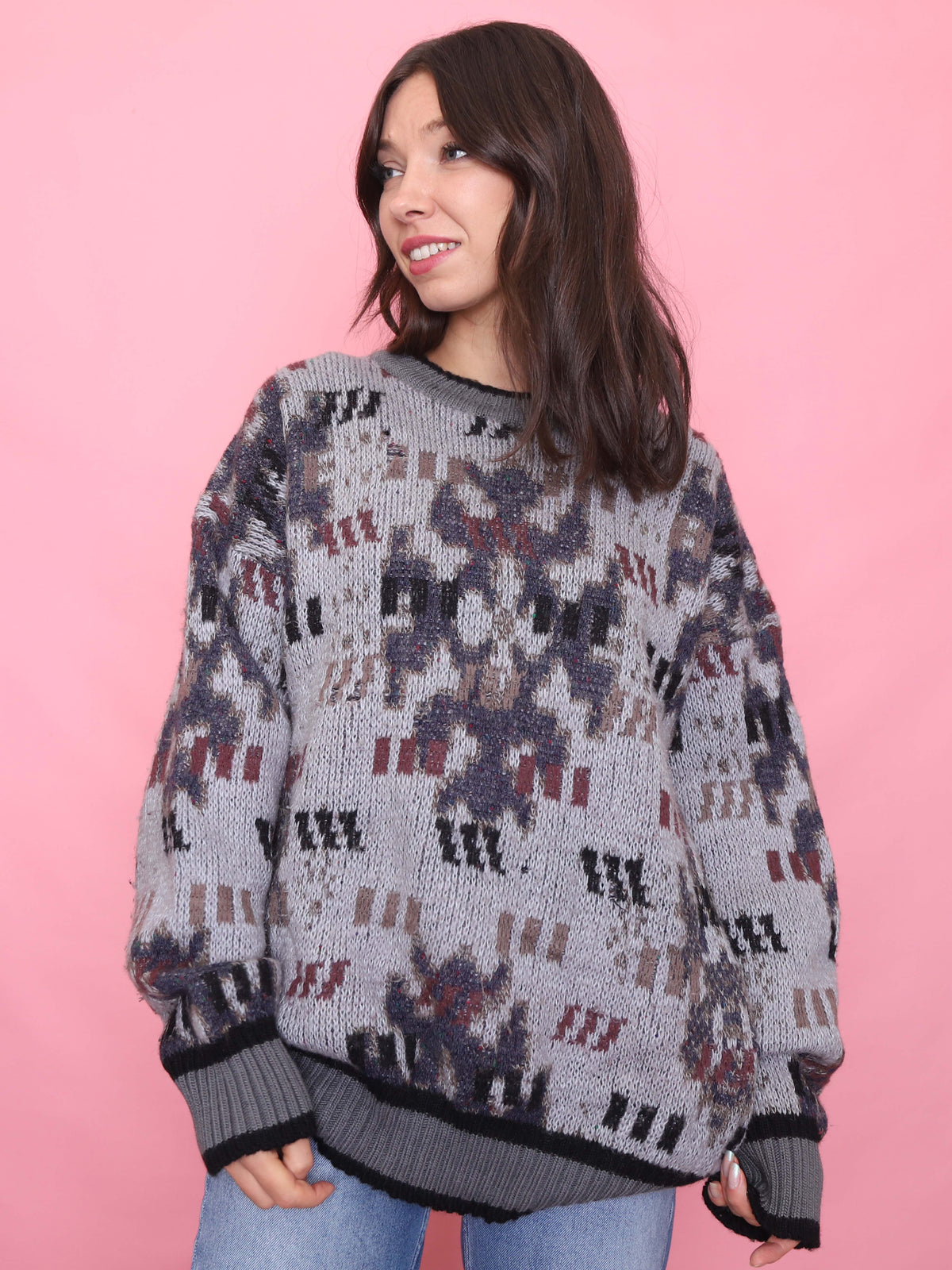 Vintage Grey Abstract Knit Jumper