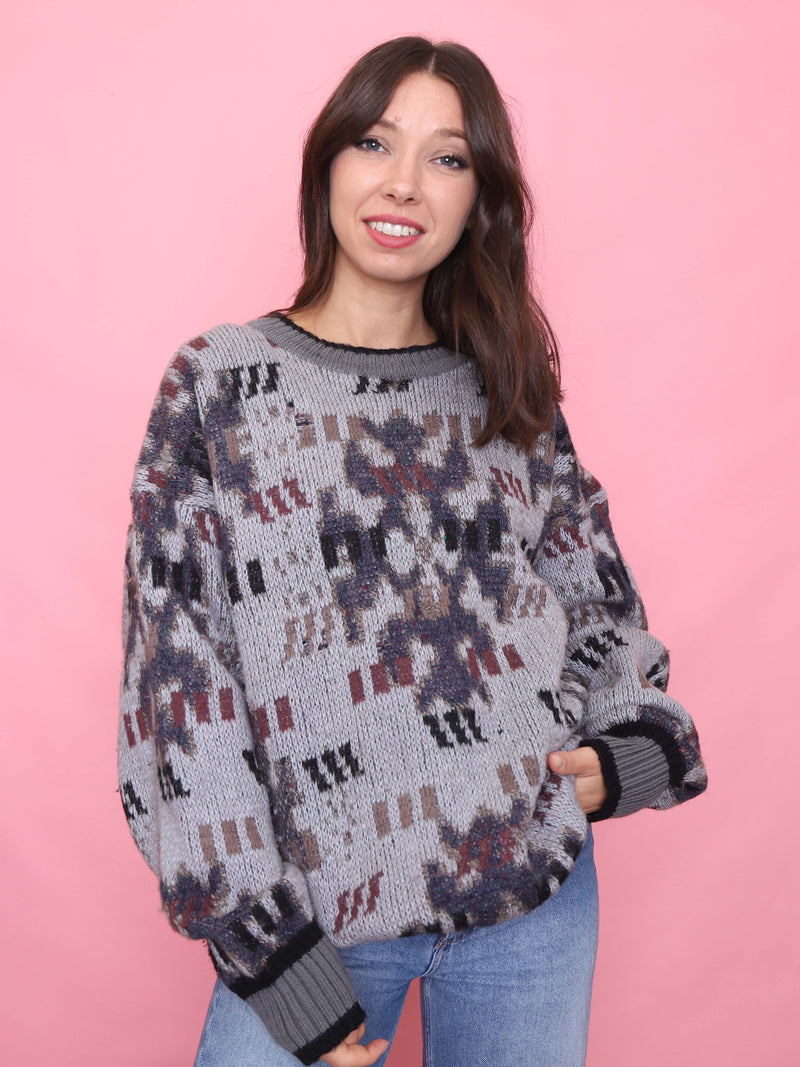 Vintage Grey Abstract Knit Jumper