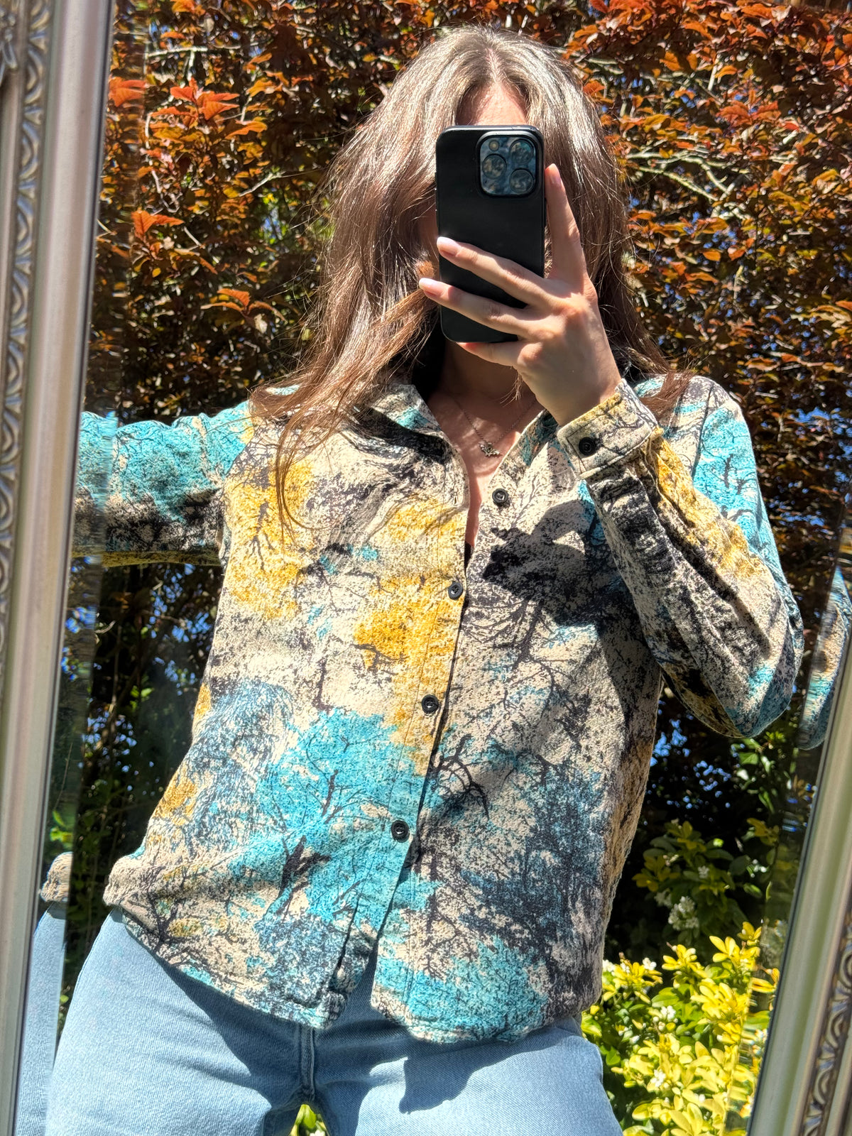 Vintage Abstract Print Shirt | Teal Ochre Pattern Long Sleeve