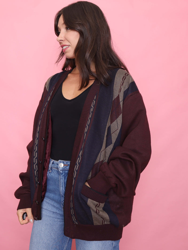 Vintage Burgund Patterned Knit Cardigan Jacket