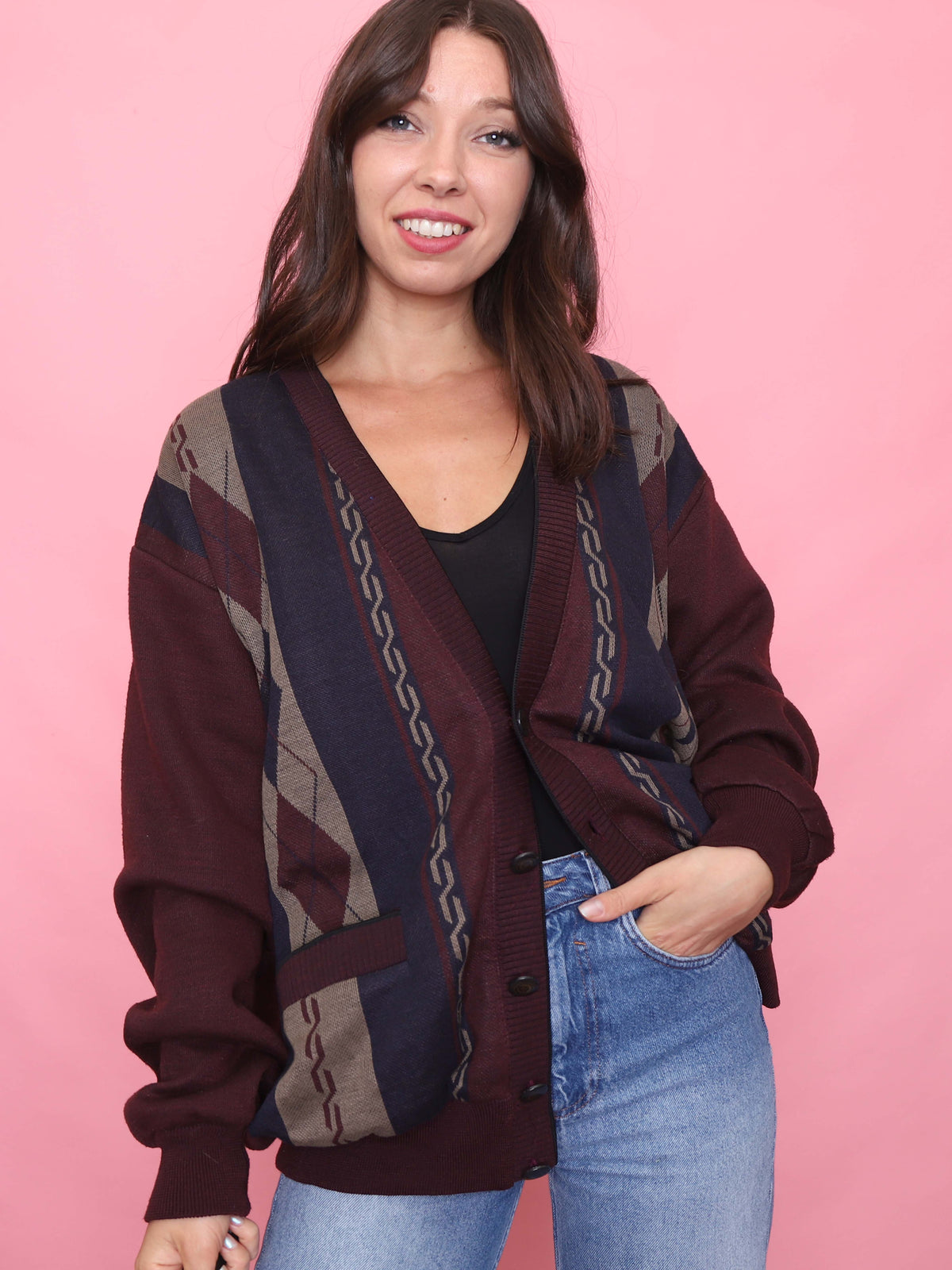 Vintage Burgund Patterned Knit Cardigan Jacket