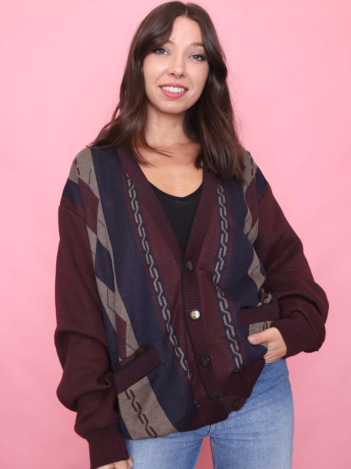 Vintage Burgund Patterned Knit Cardigan Jacket