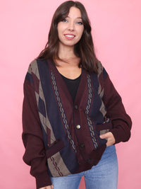 Vintage Burgund Patterned Knit Cardigan Jacket