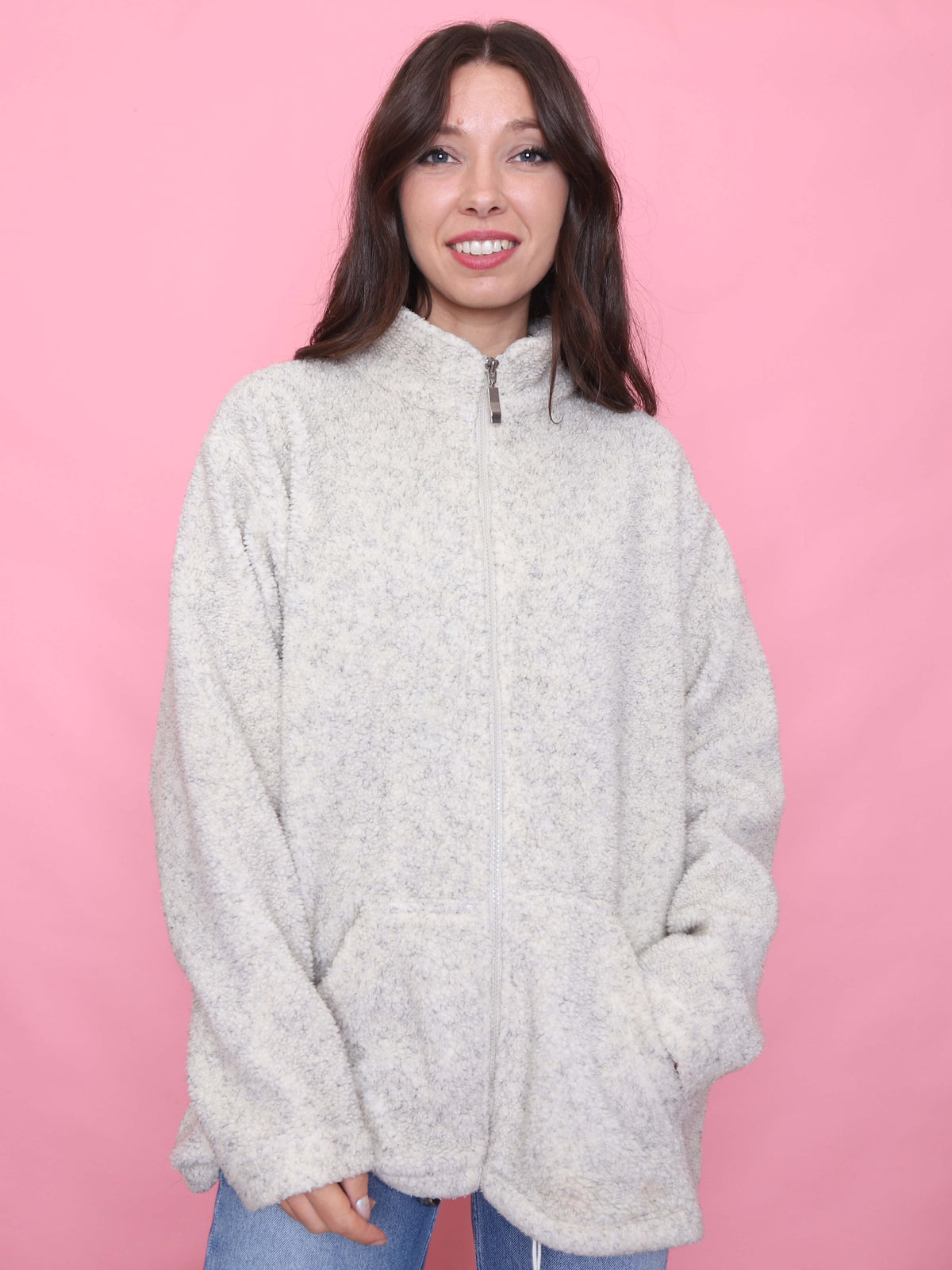 Vintage Cream Teddy Fleece Zip Up Jacket