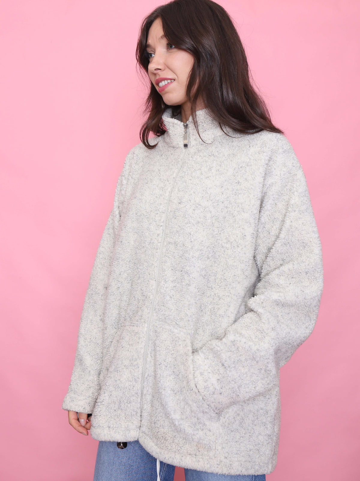 Vintage Cream Teddy Fleece Zip Up Jacket