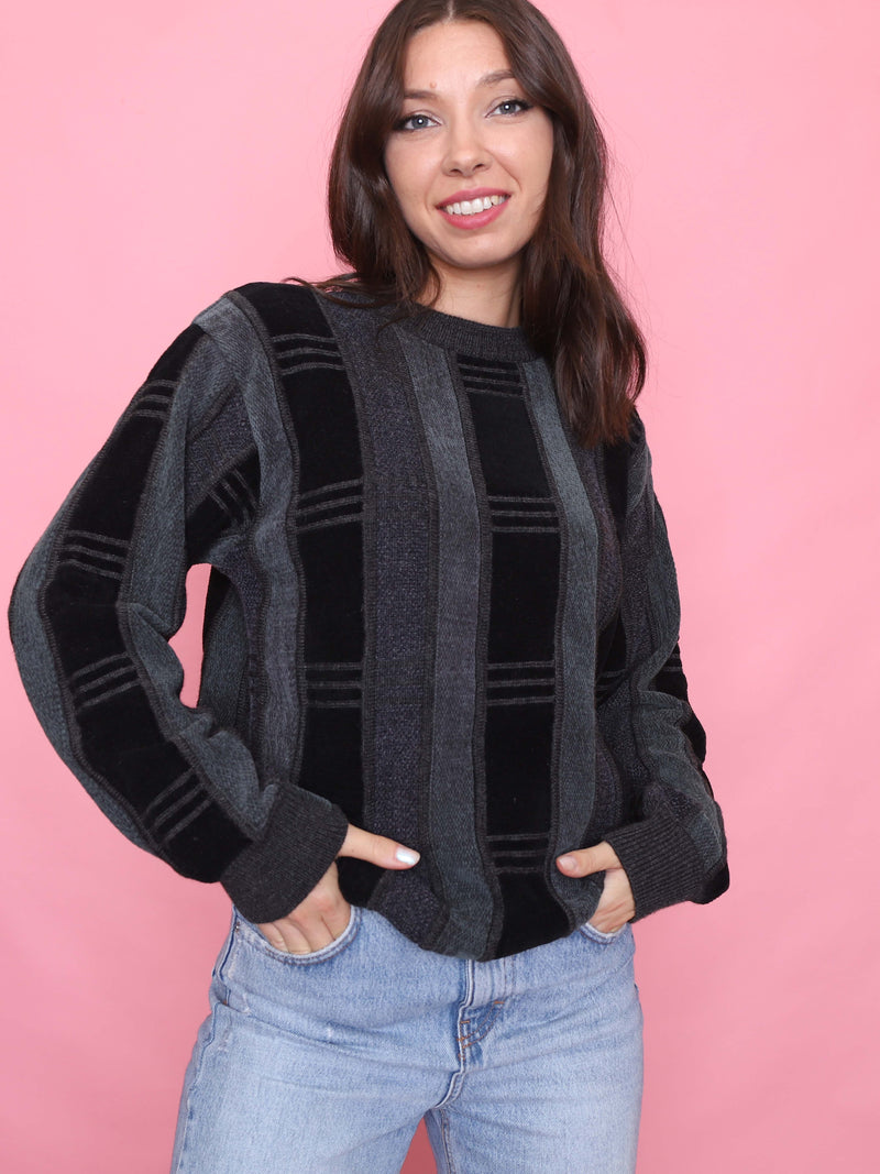 Vintage Black & Charcoal Striped Knit Jumper