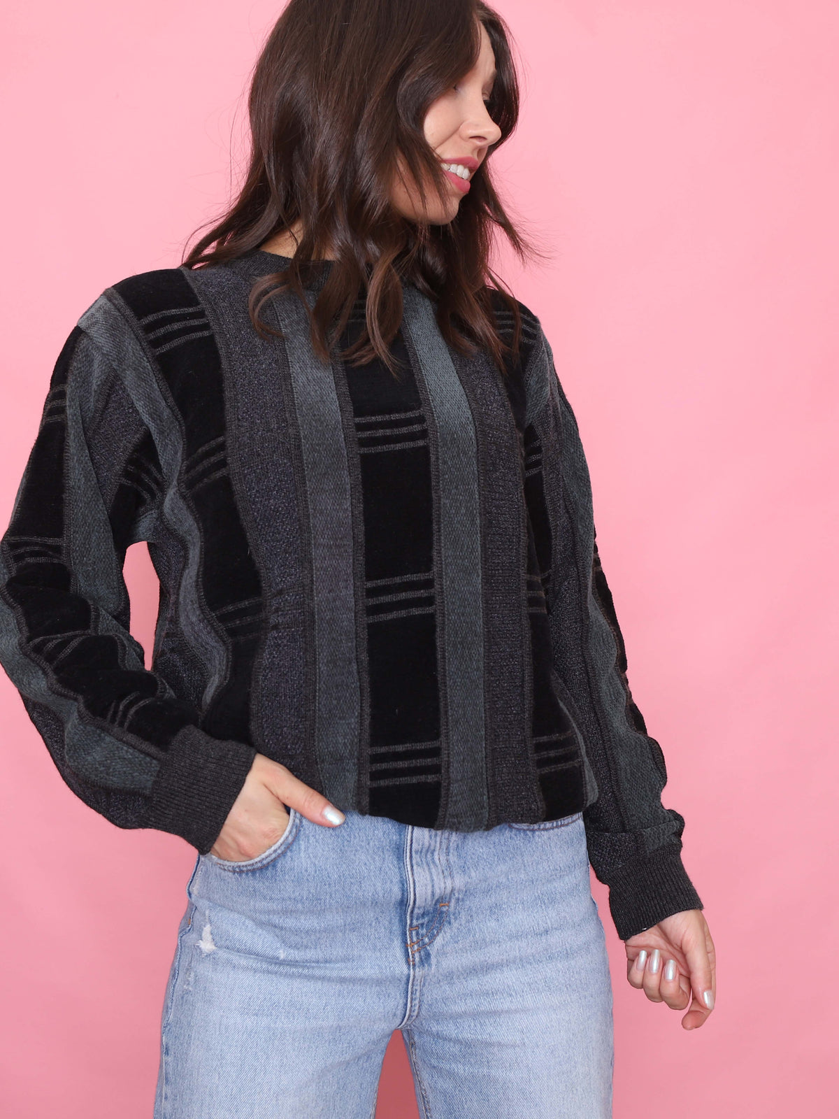 Vintage Black & Charcoal Striped Knit Jumper