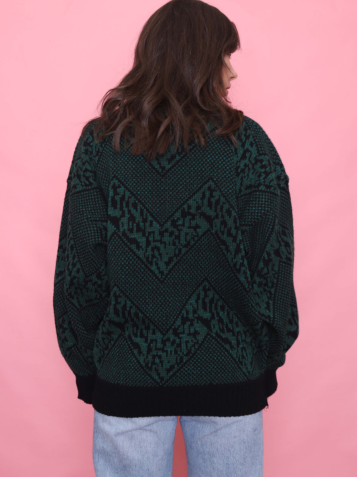 Vintage Green & Black Chevron Knit Jumper With Leather Detail
