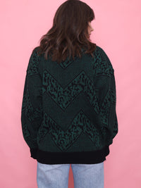 Vintage Green & Black Chevron Knit Jumper With Leather Detail