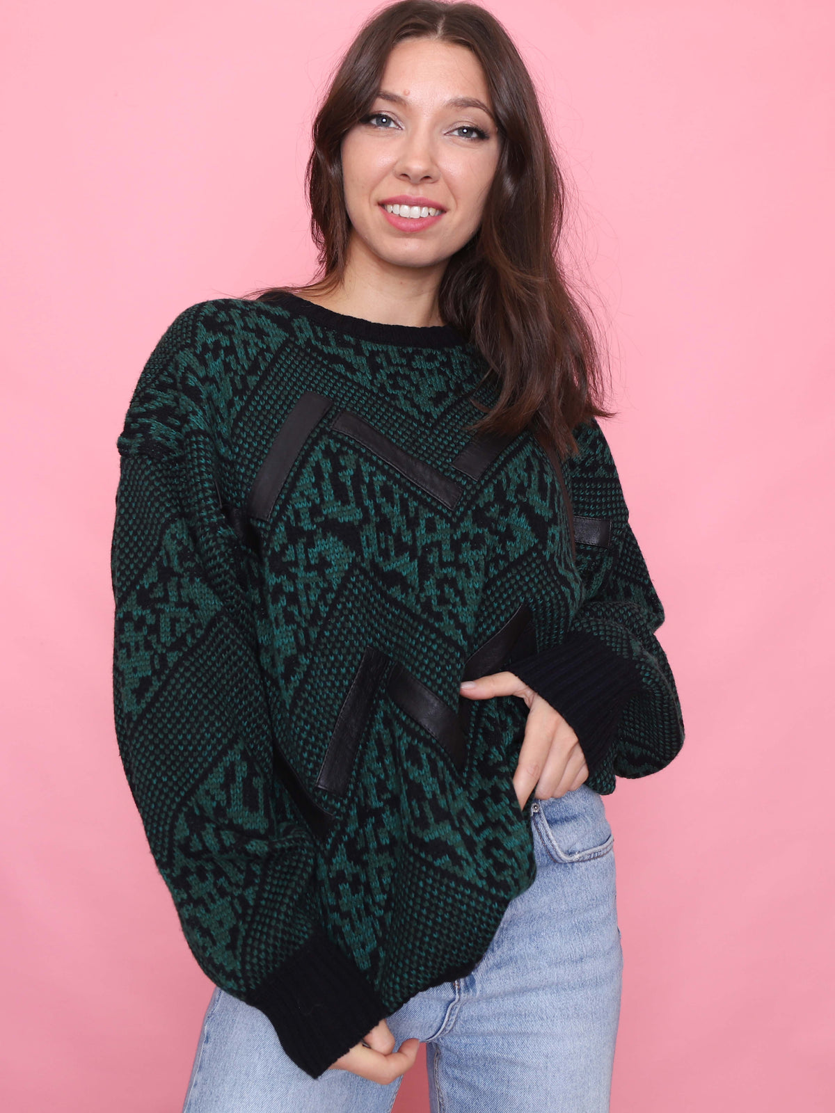 Vintage Green & Black Chevron Knit Jumper With Leather Detail
