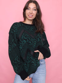 Vintage Green & Black Chevron Knit Jumper With Leather Detail