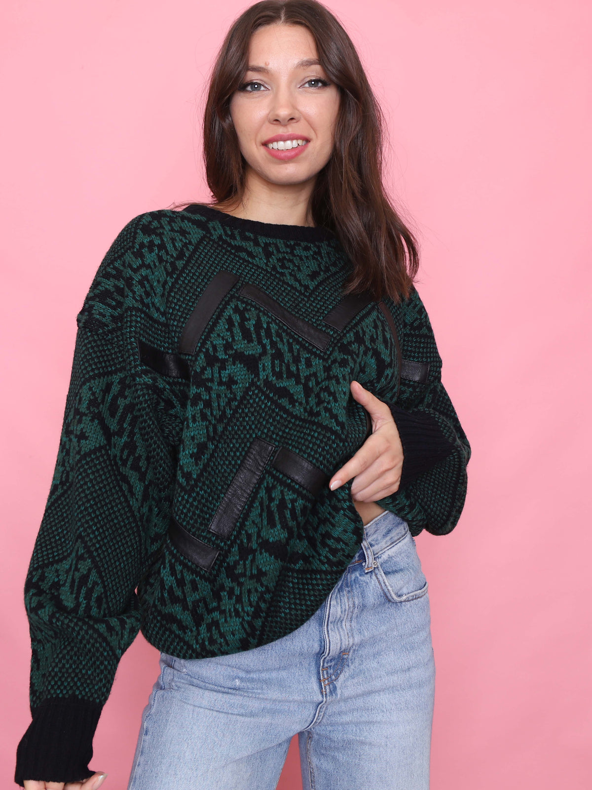 Vintage Green & Black Chevron Knit Jumper With Leather Detail