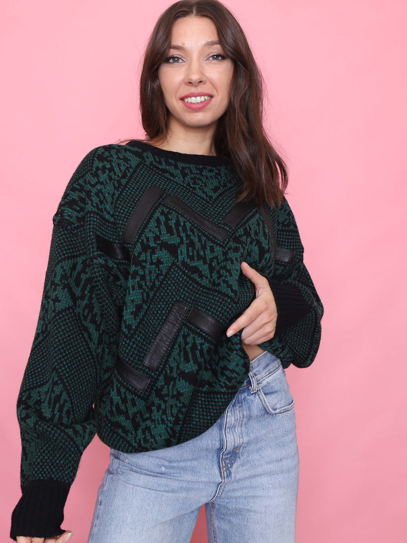 Vintage Green & Black Chevron Knit Jumper With Leather Detail