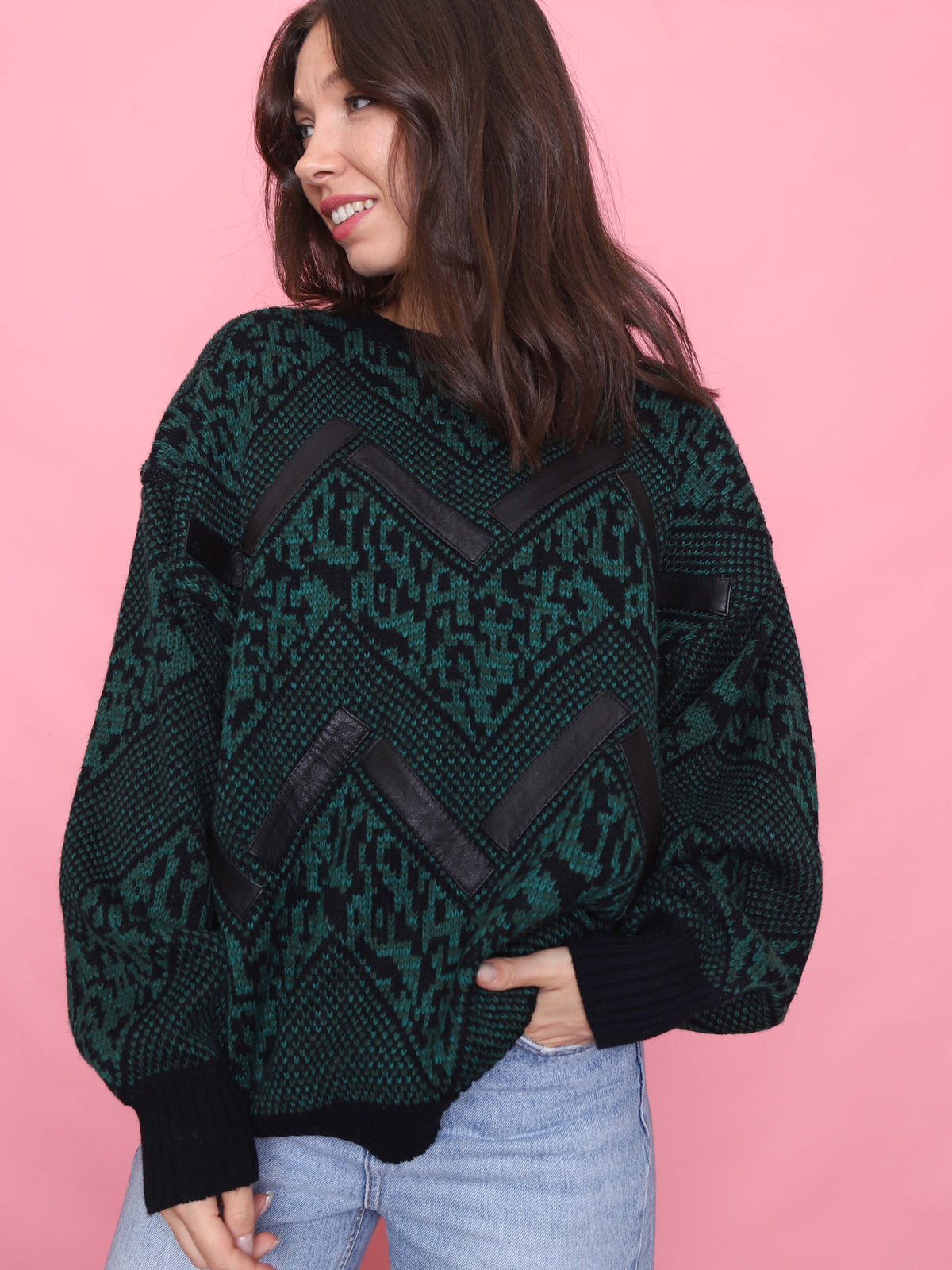 Vintage Green & Black Chevron Knit Jumper With Leather Detail